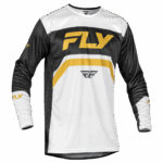 Fly Racing Rayce motocross jersey in white, black, and gold with bold branding and stylish design, ideal for motocross enthusiasts.