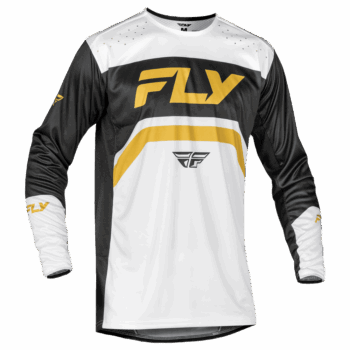 Fly Racing Rayce motocross jersey in white, black, and gold with bold branding and stylish design, ideal for motocross enthusiasts.