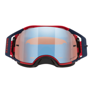 Oakley Airbrake MX goggles with blue and red frame and mirrored lens for motocross racing.