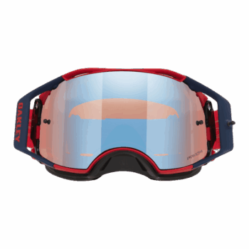 Oakley Airbrake MX goggles with blue and red frame and mirrored lens for motocross racing.