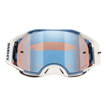 Oakley Airbrake MX goggles with blue and white frame and mirrored lens for motocross racing.