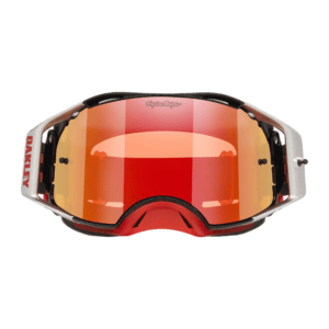 Oakley Airbrake MX goggles with orange mirrored lens and white frame, designed for motocross racing.