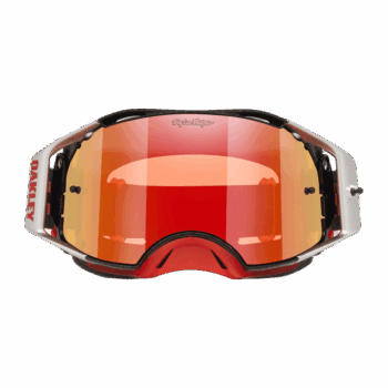 Oakley Airbrake MX goggles with orange mirrored lens and white frame, designed for motocross racing.