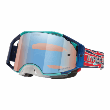 Oakley Airbrake MX goggles with blue frame, mirrored lens, and adjustable strap featuring Oakley branding and Union Jack design.