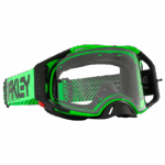 Green and black Oakley Airbrake MX goggles with a clear lens and adjustable strap for motocross riders.