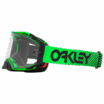 Oakley Airbrake MX goggles with a black frame and green strap, designed for motocross racing.