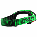 Oakley Airbrake MX goggles with a black frame and neon green strap featuring the Oakley logo, designed for motocross riders.