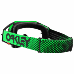 Oakley Airbrake MX goggles with a black frame and vibrant green strap featuring the Oakley logo, designed for motocross and off-road riding.