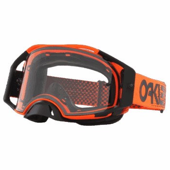 Oakley MX goggles in orange and clear with a black strap, designed for motocross racing, featuring durable construction and clear lens for optimal visibility.