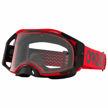 Oakley Airbrake MX goggles in red and clear with adjustable strap for motocross riding.