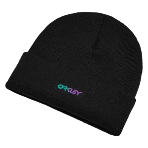 Black Oakley B1B Gradient Patch Beanie with embroidered logo, suitable for racing and outdoor activities.