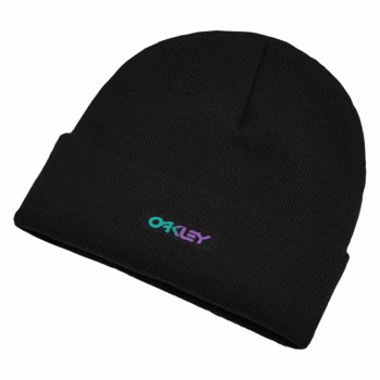 Black Oakley B1B Gradient Patch Beanie with embroidered logo, suitable for racing and outdoor activities.