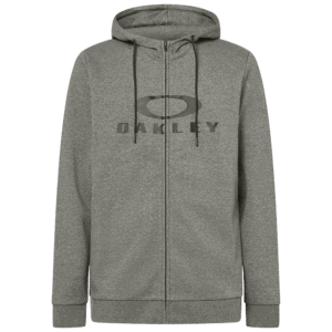 Grey Oakley zip-up hoodie with black drawstrings and Oakley logo, ideal for casual and sportswear.