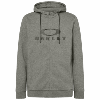 Grey Oakley zip-up hoodie with black drawstrings and Oakley logo, ideal for casual and sportswear.