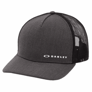 Black Oakley trucker cap with mesh back, adjustable strap, and curved brim, ideal for motorsport enthusiasts and racewear fans. Perfect for casual and active wear.