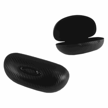 High-performance carbon fibre racing earplug case with open lid, designed for motorsport safety gear storage and protection.
