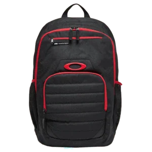 Oakley Enduro 25L 4.0 Backpack in black and red with multiple compartments and mesh side pockets for motocross gear.