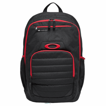 Oakley Enduro 25L 4.0 Backpack in black and red with multiple compartments and mesh side pockets for motocross gear.