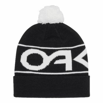 Oakley Factory Cuff Beanie in black and white with pom-pom, featuring bold Oakley logo, ideal for motorsport fans and winter wear.