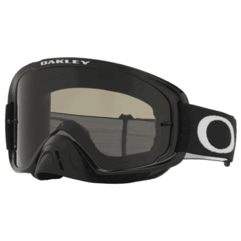 Oakley O Frame 2.0 Pro MX goggles in Jet Black / Dark Grey with reflective lens and adjustable strap.