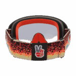 Grand Prix Racewear motocross goggles with Troy Lee Designs branding, featuring a vibrant red, black, and yellow strap and clear lens for optimal visibility.