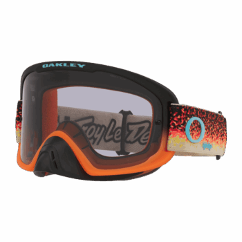 Grand Prix Racewear motocross goggles with black, orange, and grey frame, featuring a colourful strap and tinted lens for optimal eye protection.
