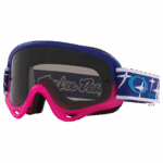Oakley O Frame MX Troy Lee Designs goggles with dark grey lens and blue and pink strap for motocross racing.