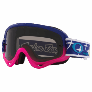 Oakley O Frame MX Troy Lee Designs goggles with dark grey lens and blue and pink strap for motocross racing.
