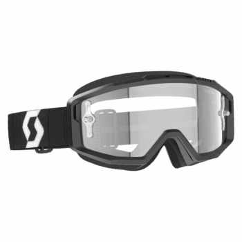 Scott Split OTG Goggles in black, white, and clear with adjustable strap for motocross and off-road riding.