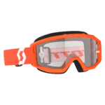 Scott Primal Clear Goggles in orange, white, and clear with adjustable strap for motocross and off-road riding.