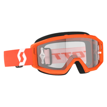 Scott Primal Clear Goggles in orange, white, and clear with adjustable strap for motocross and off-road riding.