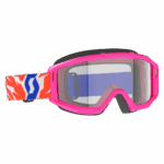 Pink and clear junior motocross goggles with a colourful strap, designed for young riders, featuring a wide lens for optimal visibility.