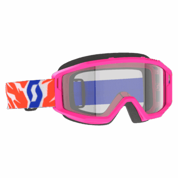 Pink and clear junior motocross goggles with a colourful strap, designed for young riders, featuring a wide lens for optimal visibility.
