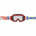 Scott Primal Junior motocross goggles with red frame and colourful strap for young riders.