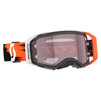 Scott Prospect 2.0 AMP goggles in black, neon orange, and rose with tinted lens for motocross racing.