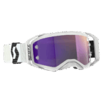 Scott Prospect 2.0 Chrome goggles with white frame, purple mirrored lens, and adjustable strap for motocross racing.