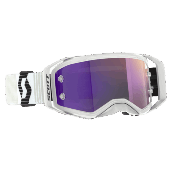 Scott Prospect 2.0 Chrome goggles with white frame, purple mirrored lens, and adjustable strap for motocross racing.