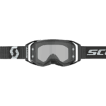 Scott Prospect 2.0 LS goggles with black frame and clear lens, featuring adjustable strap with Scott logo for motocross and off-road riding.