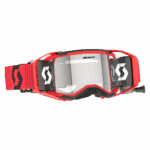Scott Prospect 2.0 WFS goggles in red, black, and clear with adjustable strap for motocross and off-road riding.