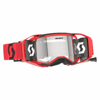Scott Prospect 2.0 WFS goggles in red, black, and clear with adjustable strap for motocross and off-road riding.