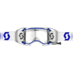 Scott Prospect 2.0 WFS goggles with white and blue frame and adjustable strap for motocross and off-road riding.