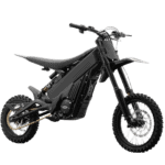 Electric dirt bike for kids with black frame, knobby tires, and front suspension, suitable for young riders and outdoor adventures.
