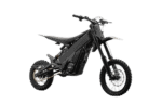 Electric dirt bike for kids with black frame, knobby tires, and front suspension, suitable for young riders and outdoor adventures.