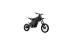Electric dirt bike for kids with black frame and knobby tires, suitable for off-road riding and outdoor adventures.