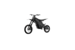 Electric dirt bike for kids with a black frame, knobby tires, and a sleek design, suitable for young riders and outdoor adventures.