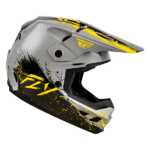 Fly Racing Kinetic Drip Junior helmet in grey, black, and yellow with graphic design for motocross safety.