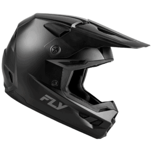 Fly Racing Kinetic Solid Junior Helmet in black with aerodynamic design and ventilation features for motocross riders.