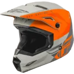 Fly Racing Kinetic Straight Edge Helmet in matte orange and grey with aerodynamic design and ventilation features.