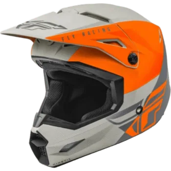 Fly Racing Kinetic Straight Edge Helmet in matte orange and grey with aerodynamic design and ventilation features.