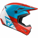 Fly Kinetic Straight Edge Helmet in red, blue, and white with aerodynamic design for motocross racing.